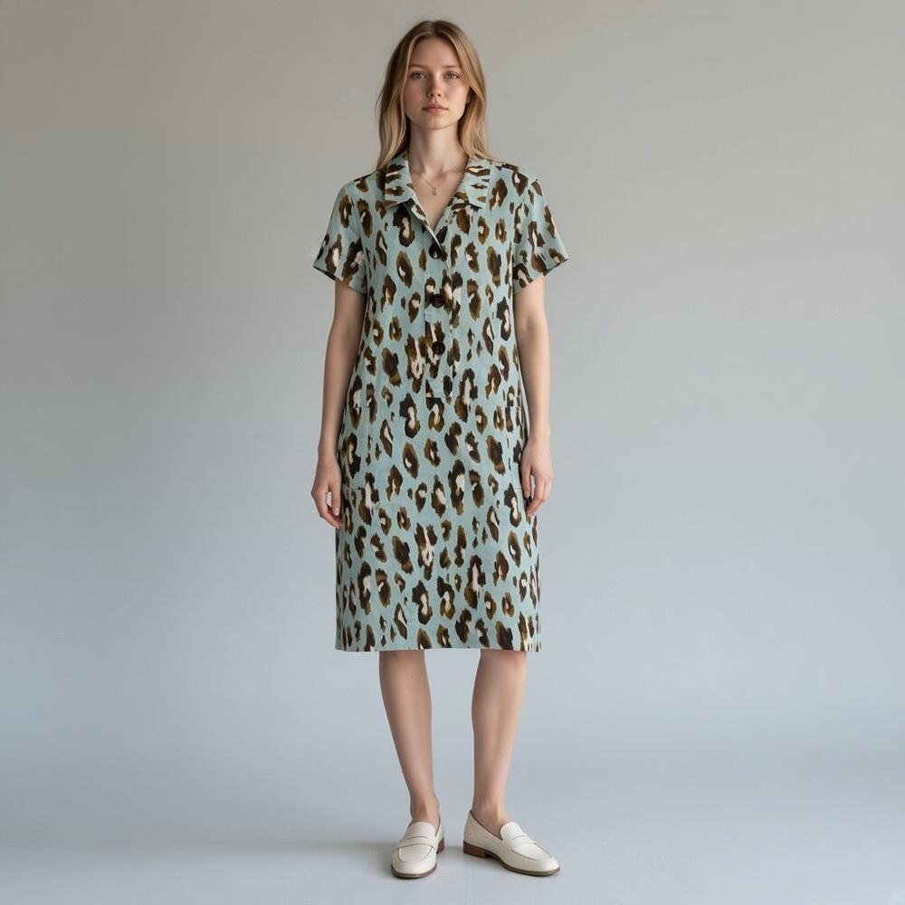 Leggiadro Linen Blend Shirt Dress Women's Sz 6 Blue Brown Geometric Short Sleeve
